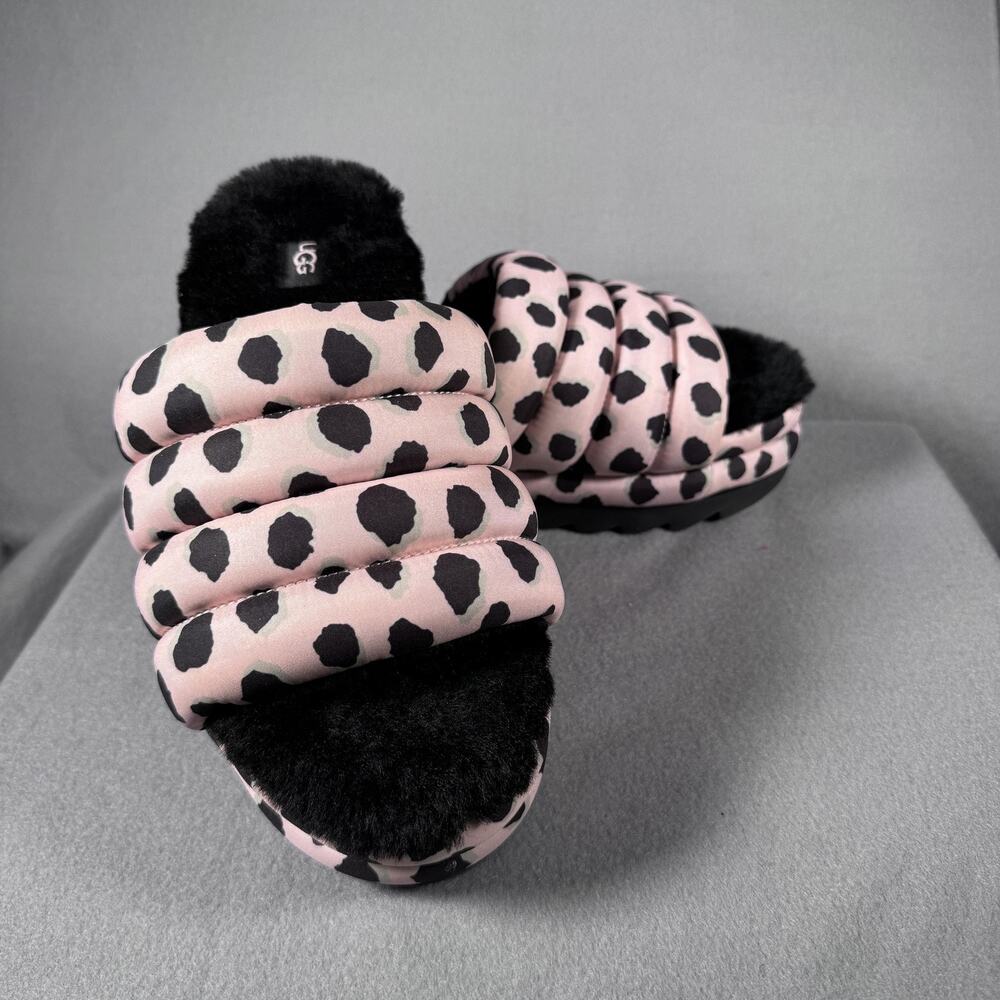 UGG Oh Yeah Slide Leopard Pink‎ Black Shearling SandalsFur Lined Womens Shoes 10